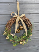 Load image into Gallery viewer, Handmade hanging wreath with bells/ Christmas seasonal decor 30 x 30 x 18cm
