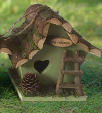 Load image into Gallery viewer, Handmade wooden coloured birdhouse hut with adorable heart shaped bird hole and ladder. The measurements are 17 x 11.5 x 17cm - Marissa&#39;s Garden &amp; Gift
