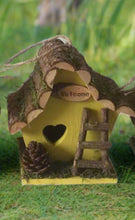 Load image into Gallery viewer, Handmade wooden coloured birdhouse hut with adorable heart shaped bird hole and ladder. The measurements are 17 x 11.5 x 17cm - Marissa&#39;s Garden &amp; Gift
