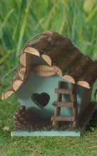 Load image into Gallery viewer, Handmade wooden coloured birdhouse hut with adorable heart shaped bird hole and ladder. The measurements are 17 x 11.5 x 17cm - Marissa&#39;s Garden &amp; Gift
