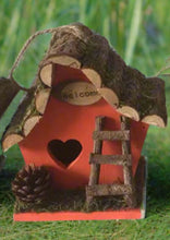 Load image into Gallery viewer, Handmade wooden coloured birdhouse hut with adorable heart shaped bird hole and ladder. The measurements are 17 x 11.5 x 17cm - Marissa&#39;s Garden &amp; Gift
