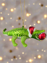 Load image into Gallery viewer, Glass Christmas crocodile with bauble in mouth Christmas bauble tree hanging decoration/christmas/seasonal/ glass hanging item
