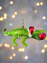 Load image into Gallery viewer, Glass Christmas crocodile with bauble in mouth Christmas bauble tree hanging decoration/christmas/seasonal/ glass hanging item
