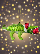 Load image into Gallery viewer, Glass Christmas crocodile with bauble in mouth Christmas bauble tree hanging decoration/christmas/seasonal/ glass hanging item
