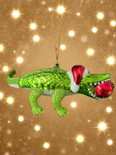 Load image into Gallery viewer, Glass Christmas crocodile with bauble in mouth Christmas bauble tree hanging decoration/christmas/seasonal/ glass hanging item
