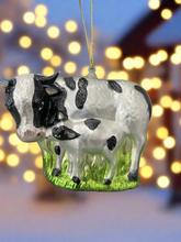 Load image into Gallery viewer, Christmas cow and calf bauble tree hanging decoration/christmas/seasonal/ glass hanging item
