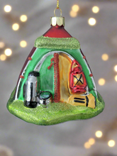 Load image into Gallery viewer, Glass Christmas camping tent/campers tent Christmas bauble tree hanging decoration/christmas/seasonal/ glass hanging item
