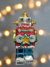 Load image into Gallery viewer, Glass Christmas robot Christmas bauble tree hanging decoration/christmas/seasonal/ glass hanging item
