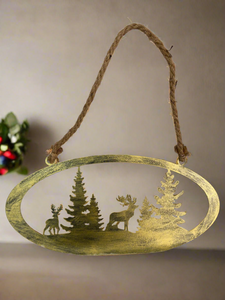 Handmade reindeer and Christmas tree gold wall art for indoors/outdoors oval wall art 38 x 1 x 18cm