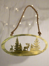 Afbeelding in Gallery-weergave laden, Handmade reindeer and Christmas tree gold wall art for indoors/outdoors oval wall art 38 x 1 x 18cm - Marissa&#39;s Garden &amp; Gift
