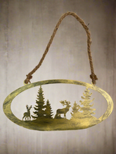 Load image into Gallery viewer, Handmade reindeer and Christmas tree gold wall art for indoors/outdoors oval wall art 38 x 1 x 18cm
