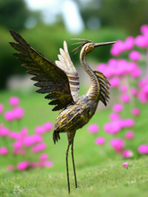 Afbeelding in Gallery-weergave laden, Small Bronze Metal with gold brush Heron Garden Statue with wings up 70cm with ground peg
