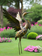 Load image into Gallery viewer, Small Bronze Metal with gold brush Heron Garden Statue with wings up 70cm with ground peg - Marissa&#39;s Garden &amp; Gift
