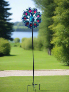 Handmade Aurora peacock powder coated garden wind sculpture spinner measuring 150cm