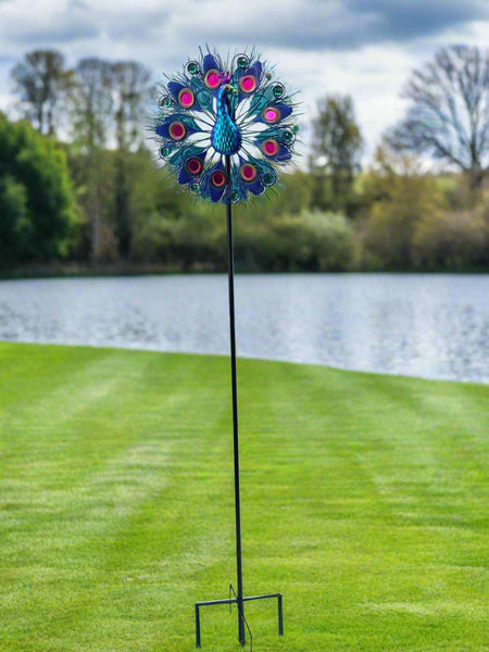 Handmade Aurora peacock powder coated garden wind sculpture spinner measuring 150cm