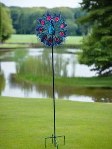 Handmade Aurora peacock powder coated garden wind sculpture spinner measuring 150cm