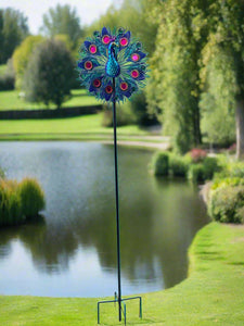 Handmade Aurora peacock powder coated garden wind sculpture spinner measuring 150cm