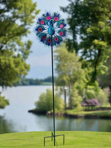 Handmade Aurora peacock powder coated garden wind sculpture spinner measuring 150cm