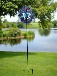 Handmade Aurora peacock powder coated garden wind sculpture spinner measuring 150cm