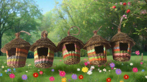 Handmade hut weave rattan birdhouses with straw roof measuring 15 x 21cm