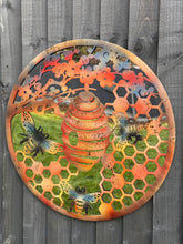 Load image into Gallery viewer, Handmade 60cm Bee and bee hive Wall Plaque with acrylic mirror, colourful Metal, Garden/indoor Wall Art powder coated steel - Marissa&#39;s Garden &amp; Gift
