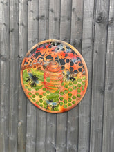 Indlæs billede til gallerivisning Handmade 60cm Bee and bee hive Wall Plaque with acrylic mirror, colourful Metal, Garden/indoor Wall Art powder coated steel - Marissa&#39;s Garden &amp; Gift
