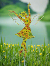 Indlæs billede til gallerivisning Standing Art Deco yellow floral garden/ outdoor metal garden fairy measuring 24.5 x 8 x 55cm
