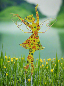 Standing Art Deco yellow floral garden/ outdoor metal garden fairy measuring 24.5 x 8 x 55cm