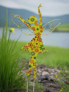 Standing Art Deco yellow floral garden/ outdoor metal garden fairy measuring 24.5 x 8 x 55cm