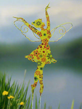 Indlæs billede til gallerivisning Standing Art Deco yellow floral garden/ outdoor metal garden fairy measuring 24.5 x 8 x 55cm
