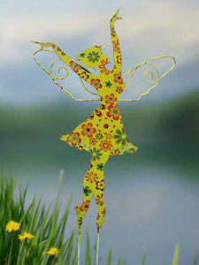 Standing Art Deco yellow floral garden/ outdoor metal garden fairy measuring 24.5 x 8 x 55cm