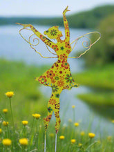 Indlæs billede til gallerivisning Standing Art Deco yellow floral garden/ outdoor metal garden fairy measuring 24.5 x 8 x 55cm
