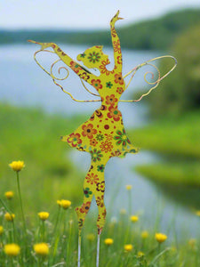 Standing Art Deco yellow floral garden/ outdoor metal garden fairy measuring 24.5 x 8 x 55cm