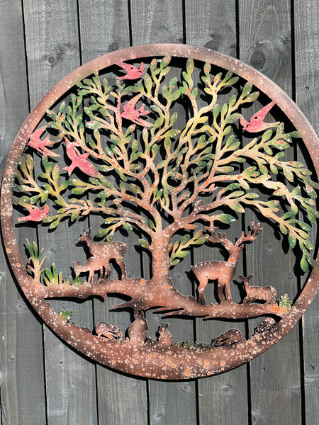 Handmade rusty 60cm wall plaque of Woodland animals Tree Wall Plaque, Rusted Aged Metal with peeling coloured effect, Garden Wall Art