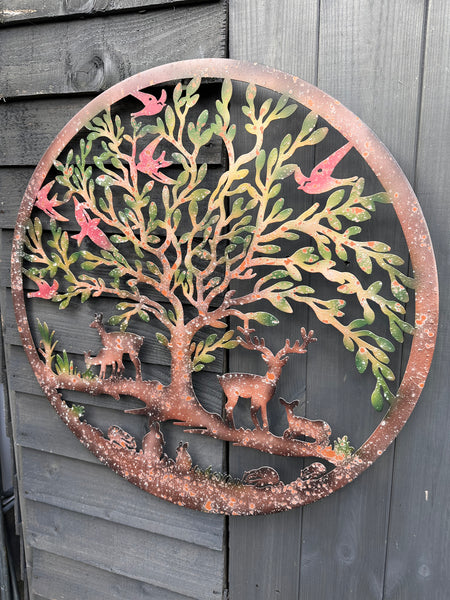 Handmade rusty 60cm wall plaque of Woodland animals Tree Wall Plaque, Rusted Aged Metal with peeling coloured effect, Garden Wall Art