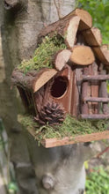 Load and play video in Gallery viewer, Handmade wooden Birdhouse with wooden stairs &amp; acorn design 16 x 11 x 17cm
