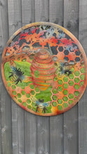 Video laden en afspelen in Gallery-weergave, Handmade 60cm Bee and bee hive Wall Plaque with acrylic mirror, colourful Metal, Garden/indoor Wall Art powder coated steel
