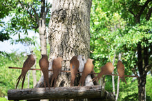 Laden Sie das Bild in den Galerie-Viewer, Handmade seven rusty birds perched on a straight branch for garden/outdoor measuring 70 x 2.5 x 21cm.
