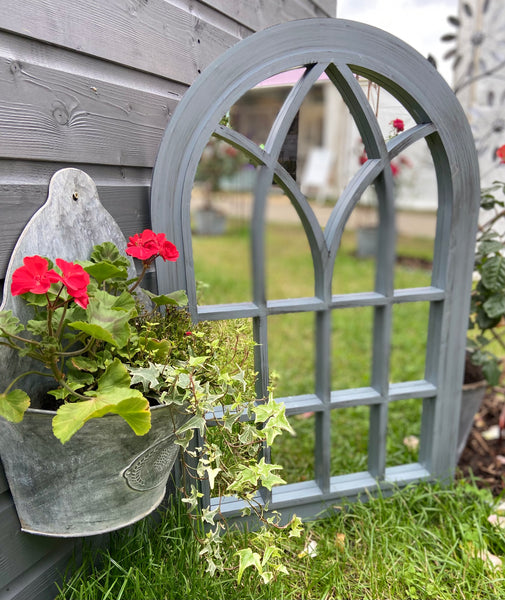 Belgravia Grey with black touch arched Outdoor/Indoor mirror measuring 76 x 51 x 4cm